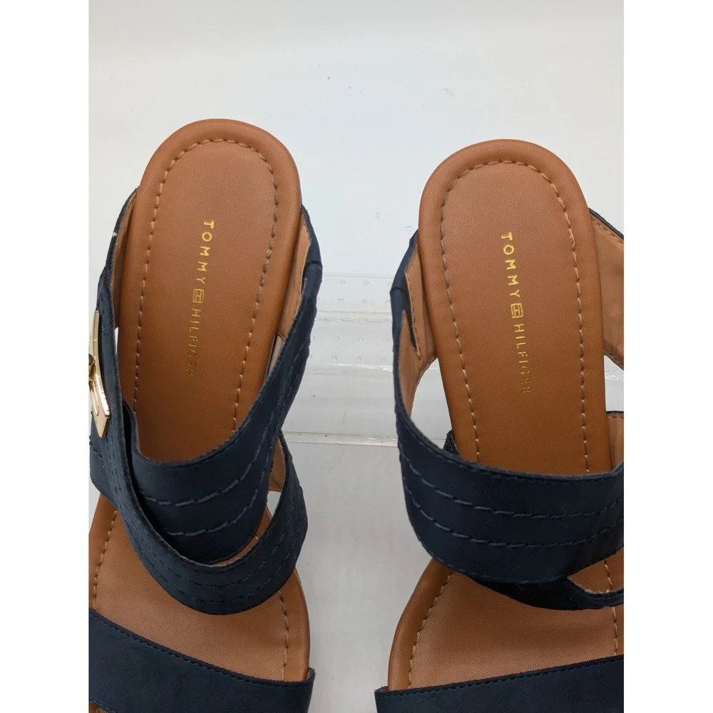 Tommy Hilfiger Womens 8.5M Navy Blue Cork Wedge Sandals Platform Gold Hardware